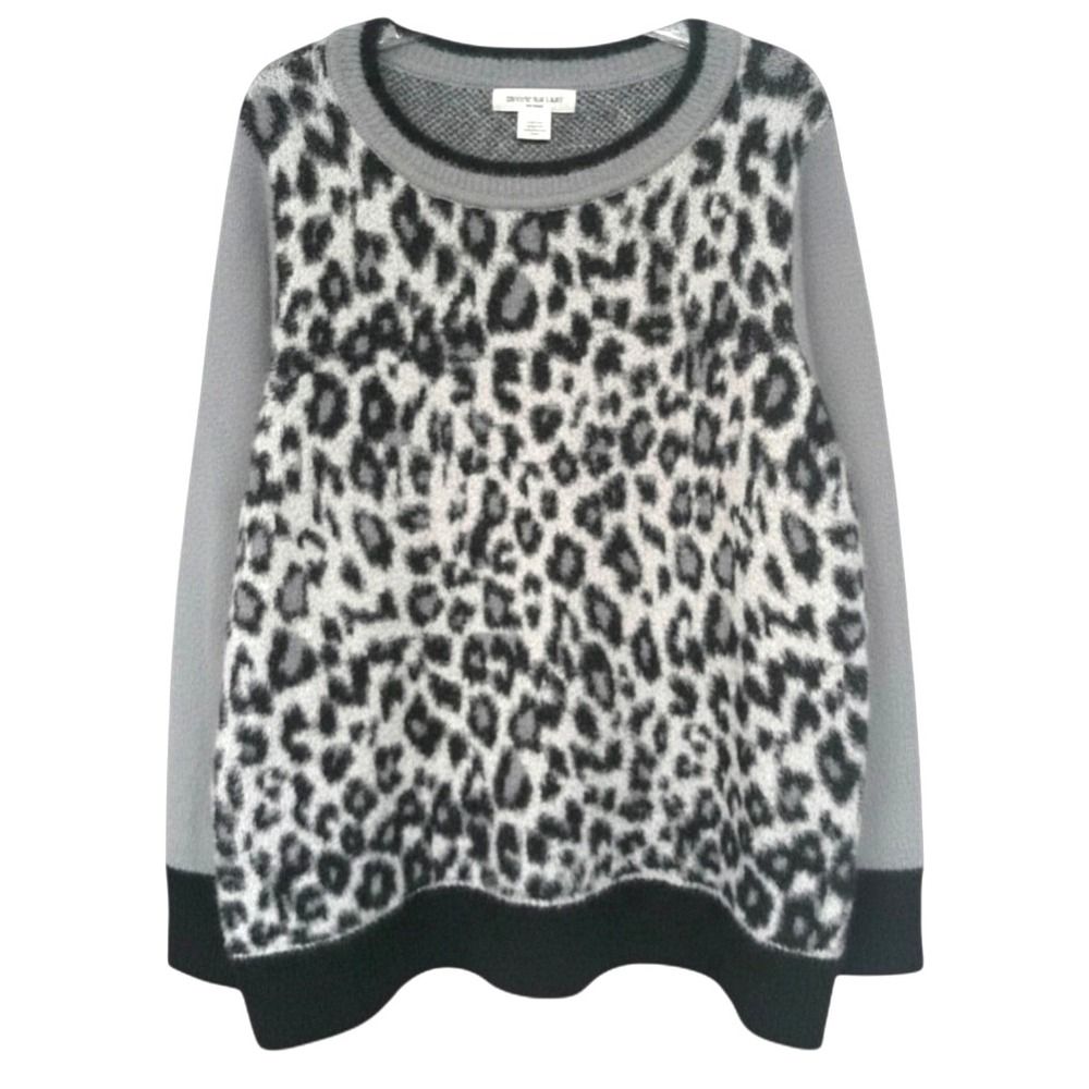 SKYE'S THE LIMIT Gray/Black Leopard Print FUZZY SHAGGY SWEATER Colorblock XL